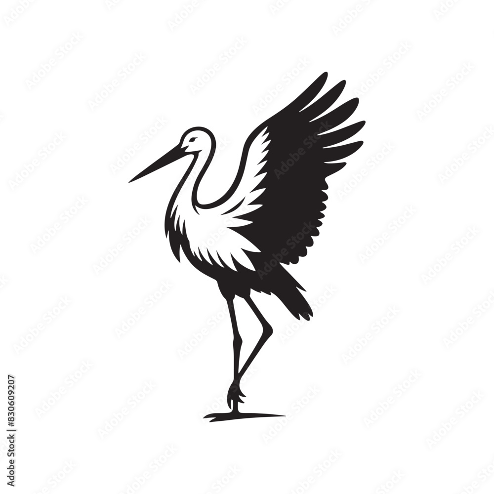 Fototapeta premium Minimalist Stork Bird Vector: Black Vector Silhouette of a Stork- Illustration of Stork Bird - Bird Vector Silhouette.
