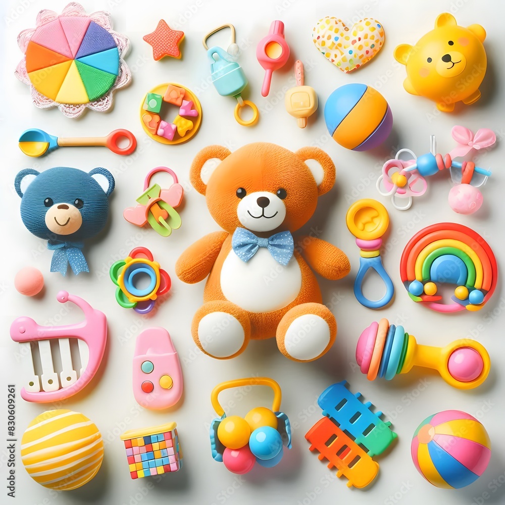 AI Generate of Assorted Kid Toys, Baby Toys, Toddler Toys, Toys. Top View. Flat Lay. White Background. AI Generate of Assorted Kid Toys, Baby Toys, Toddler Toys, Toys. Top View. Flat Lay. White Background.
