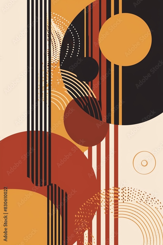 Naklejka premium Abstract geometric composition with vibrant circles, lines, and patterns in warm tones. Retro-style digital artwork.