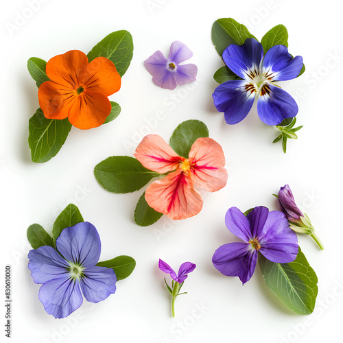 From the top view of Tigirdia Tropaeolum majus Viola tricolor Vinca difformis flowers bloom ornamental isolate on white background