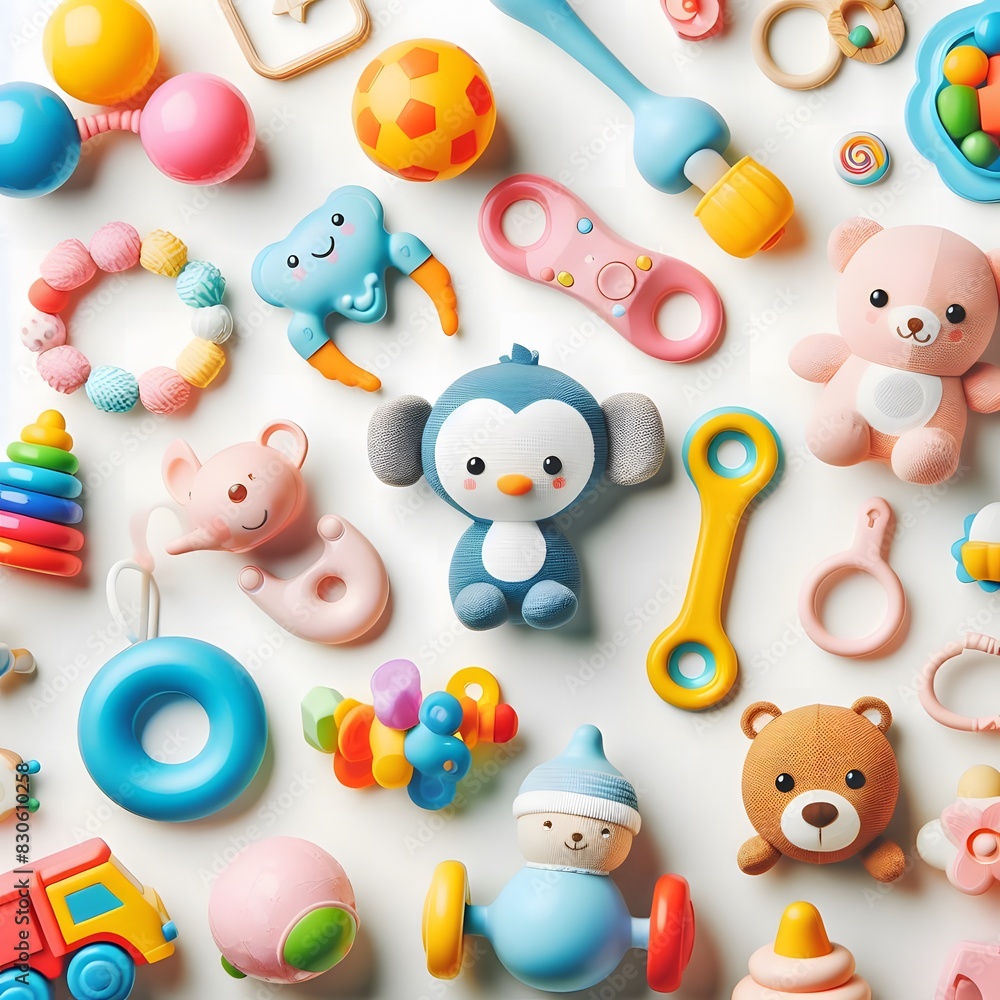 AI Generate of Assorted Kid Toys, Baby Toys, Toddler Toys, Toys. Top View. Flat Lay. White Background. AI Generate of Assorted Kid Toys, Baby Toys, Toddler Toys, Toys. Top View. Flat Lay. White Background.