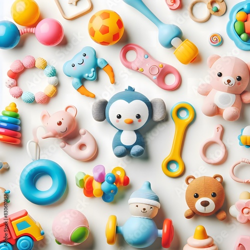 AI Generate of Assorted Kid Toys, Baby Toys, Toddler Toys, Toys. Top View. Flat Lay. White Background.