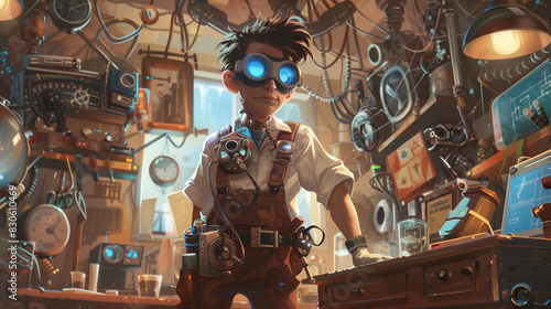 A quirky inventor with goggles and a utility belt full of tools, standing in a cluttered workshop filled with gadgets and gizmos. , character concept, video games photo