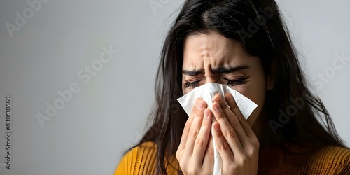 Unwell woman blowing nose in tissue suffering from seasonal allergies or flu symptoms looking sad and uncomfortable. Concept Healthcare, Allergy Symptoms, Illness, Discomfort, Unwell Woman photo