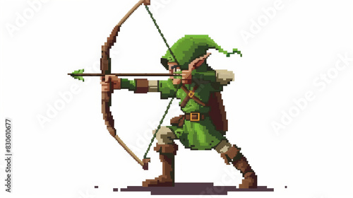 A pixel art elf archer with pointed ears, dressed in green, aiming a bow and arrow. , character concept, pixel art, isolated design photo