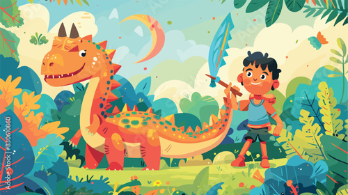 World childrens day poster. Kid with sword at dinosau