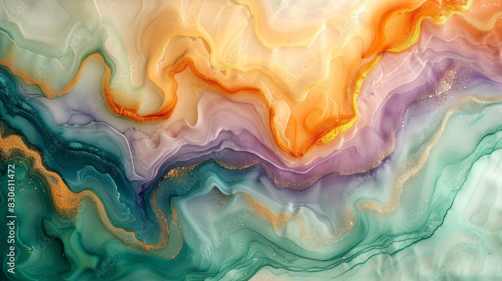 Aerial View of Fluid Watercolor Washes in Green, Beige, and Gold Generative AI
