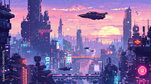 A pixel art futuristic cityscape with towering skyscrapers, flying cars, and neon lights. , assets, pixel art