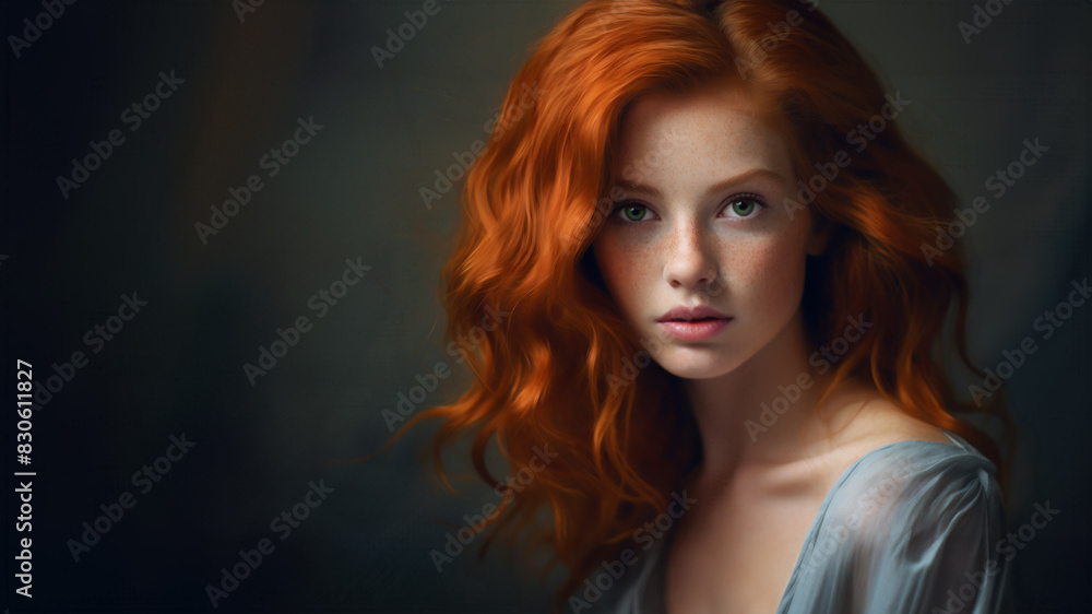 A studio portrait of a model with bright red hair and fair skin. Skin care and cosmetics. Haircare products. Copy space. A studio portrait of a model with bright red hair and fair skin. Skin care and cosmetics. Haircare products. Copy space.
