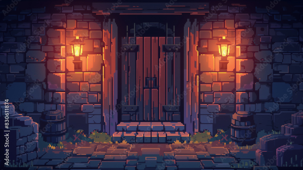 A pixel art dungeon entrance with a heavy wooden door, flickering ...