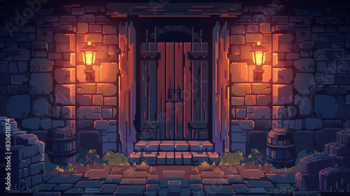 A pixel art dungeon entrance with a heavy wooden door, flickering torches, and stone steps leading down. , assets, pixel art