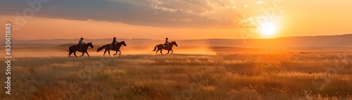 Horseback Riders Galloping Across a Wide Open Prairie at Sunset Capturing the Spirit of Outdoor Adventure © Thares2020