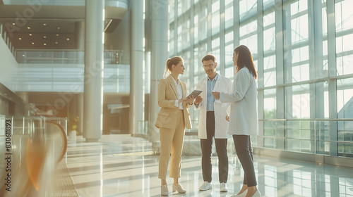 Doctor and Pharmaceutical sales talking about new product on tablet.