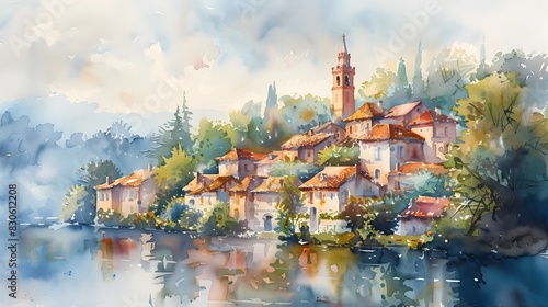 Misty Watercolor Painting of Quaint European Village by the Lake with Charming Architecture and Tranquil Atmosphere