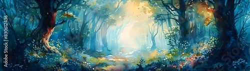 Enchanting Watercolor Landscape with Mythical Creatures Hiding in the Ethereal Forest