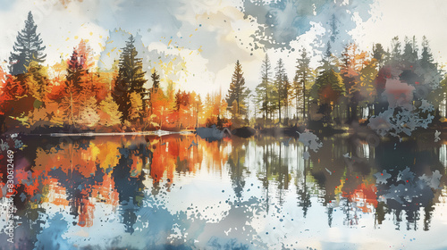 A tranquil lake surrounded by pine trees with reflections in the water   watercolor style