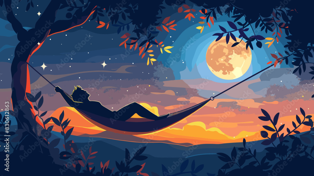 Peaceful Sleep: Young Man Relaxing in Hammock Under Moonlight for Restful Recovery