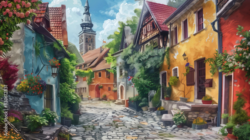 A picturesque village with cobblestone streets and colorful houses , watercolor style