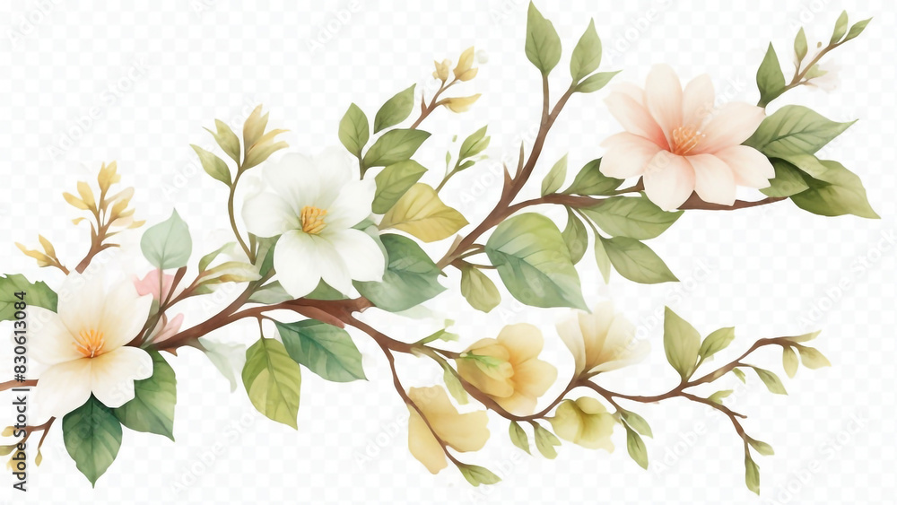 Watercolor of Tropical spring floral leaves watercolor design concept