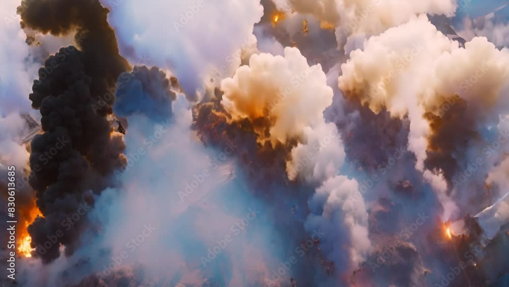 A chaotic aerial view of multiple fires and wisps of smoke filled the air A chaotic aerial view of multiple fires and wisps of smoke filled the air