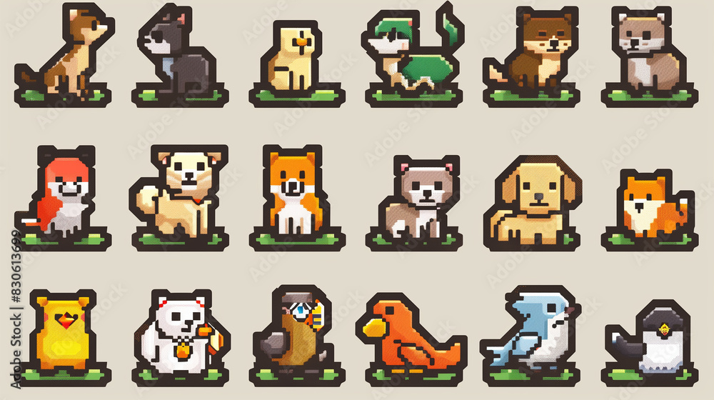 Fototapeta premium A collection of pixel art animal icons, featuring dogs, cats, birds, and fish. , pixel art, set of icons, game assets