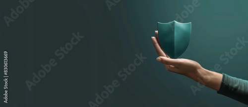 A human hand holding a shield symbol with a solid color backdrop and copy space photo