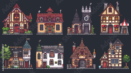 Wallpaper Mural A set of pixel art icons for various types of buildings, such as houses, castles, and shops. , pixel art, set of icons, game assets Torontodigital.ca