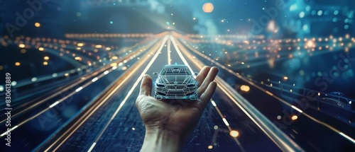 A human hand holding a small car with a futuristic highway in the background, evoking the concept of selfdriving cars photo