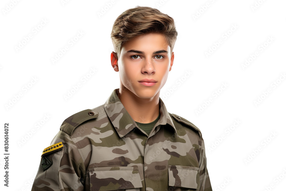 Solemn Warrior: A Young Man in Military Uniform Strike a Heroic Pose on White or PNG Transparent Background. Solemn Warrior: A Young Man in Military Uniform Strike a Heroic Pose on White or PNG Transparent Background.