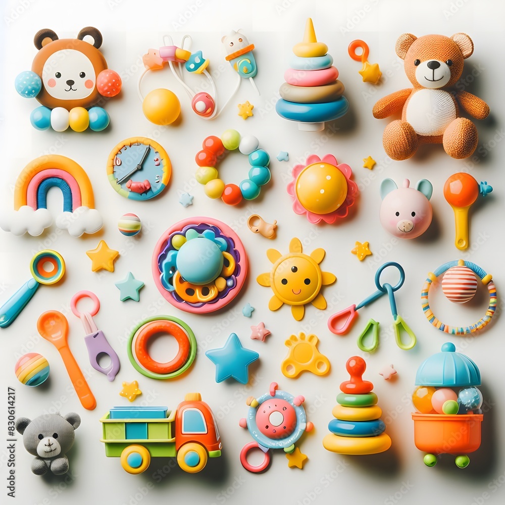 Obraz premium AI Generate of A Kid Toys, Baby Toys, Toddler Toys, Toys with white area for copy text in the middle. Top View. Flat Lay. White Background.