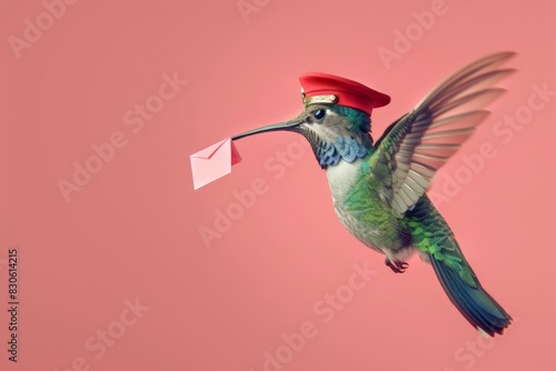A hummingbird wearing a mail carriers uniform, delivering letters on a solid pink background, copy space included