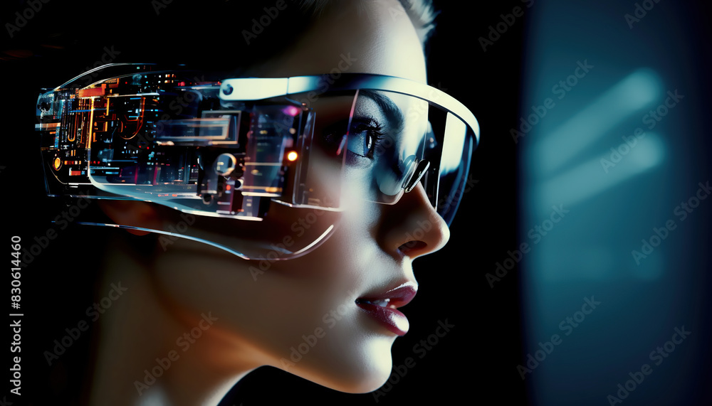 A tech student wearing an augmented reality headset experiences turn-by-turn navigation directly through the glasses' lenses. A tech student wearing an augmented reality headset experiences turn-by-turn navigation directly through the glasses' lenses.