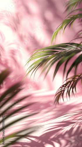 Minimal Palm Leaf Shadow Patterns on Soft Pink Wall - Elegant Summertime or Springtime Product Display Background