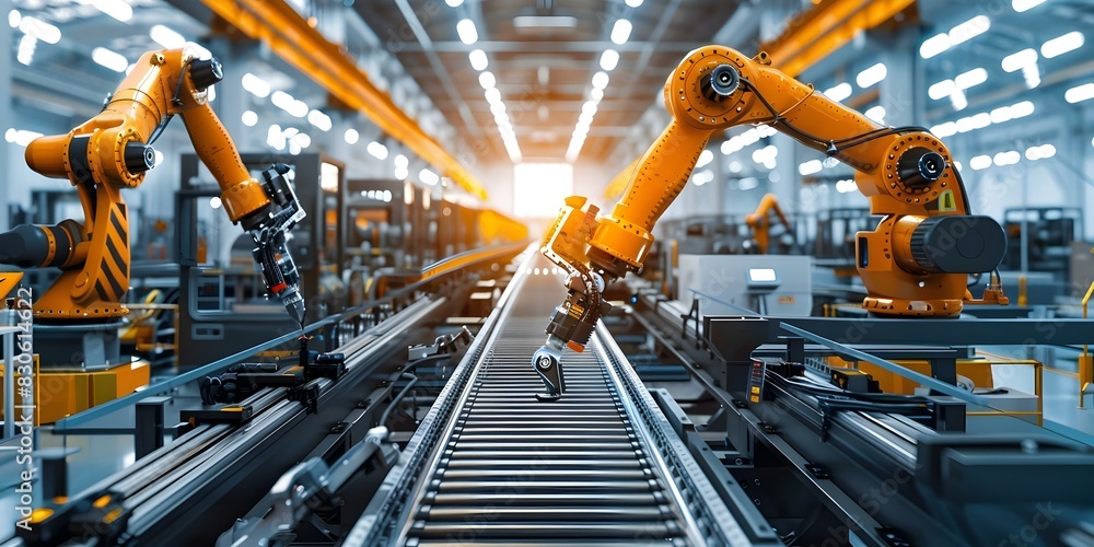 Futuristic smart factory interior with advanced automation machinery and robotics in an innovative industrial setting. Concept Smart Factory, Automation Machinery, Robotics, Futuristic Interior Futuristic smart factory interior with advanced automation machinery and robotics in an innovative industrial setting. Concept Smart Factory, Automation Machinery, Robotics, Futuristic Interior