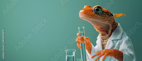 A newt wearing a scientists lab coat, examining a test tube on a solid green background, copy space included photo