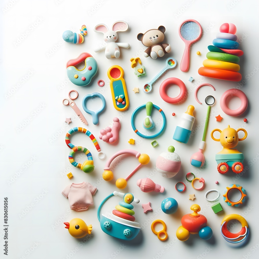 AI Generate of A Kid Toys, Baby Toys, Toddler Toys, Toys with white area for copy text in the middle. Top View. Flat Lay. White Background. AI Generate of A Kid Toys, Baby Toys, Toddler Toys, Toys with white area for copy text in the middle. Top View. Flat Lay. White Background.