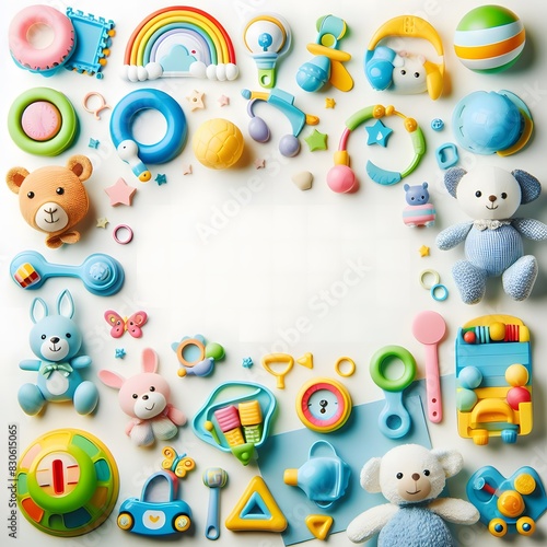 AI Generate of A Kid Toys, Baby Toys, Toddler Toys, Toys with white area for copy text in the middle. Top View. Flat Lay. White Background.