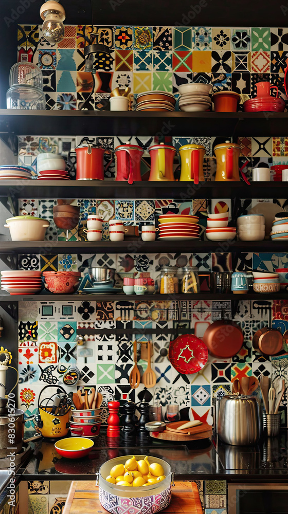 A cozy kitchen with retro appliances and an array of colorful ceramics. Generate AI
