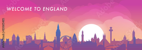 Welcome to England, UK skyline with cities panorama, gradient vector banner. Colorful London, Birmingham, Leeds, Bradford, Bristol, Manchester silhouette for footer, header, horizontal graphic