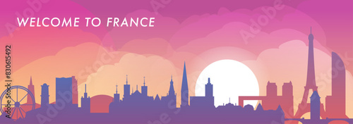 Welcome to France skyline with cities panorama, gradient vector banner. Colorful Paris, Lyon, Marseille, Toulouse, Strasbourg, Nice silhouette for footer, steamer, header, horizontal graphic