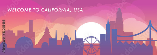 Welcome to California state, USA skyline with cities panorama, gradient vector banner. Colorful Los Angeles, San Diego, San Francisco silhouette for footer, steamer, header, horizontal graphic