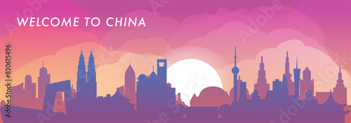 Welcome to China skyline with cities panorama, gradient vector banner. Colorful Beijing, Shanghai, Guangzhou, Shenzhen, Chengdu silhouette for footer, steamer, header, horizontal graphic photo