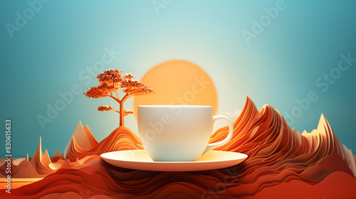 Creative and surreal blend of a coffee cup with a paper mountain landscape at sunset or sunrise, symbolizing a sense of calm and relaxation while contemplating serene beauty and enjoying a warm drink