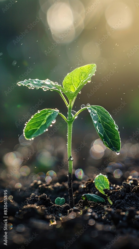 A young seedling emerges from the rich, dark soil, bathed in the light of the morning sun. Dewdrops glisten on the leaves, symbolizing new growth and fresh beginnings in a serene natural setting. A young seedling emerges from the rich, dark soil, bathed in the light of the morning sun. Dewdrops glisten on the leaves, symbolizing new growth and fresh beginnings in a serene natural setting.