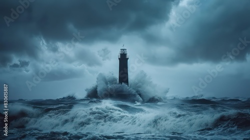 The Lighthouse of Guidance: Photograph a solitary lighthouse standing tall against the backdrop of a stormy sea, serving as a beacon of hope and guidance for travelers navigating life's turbulent. photo