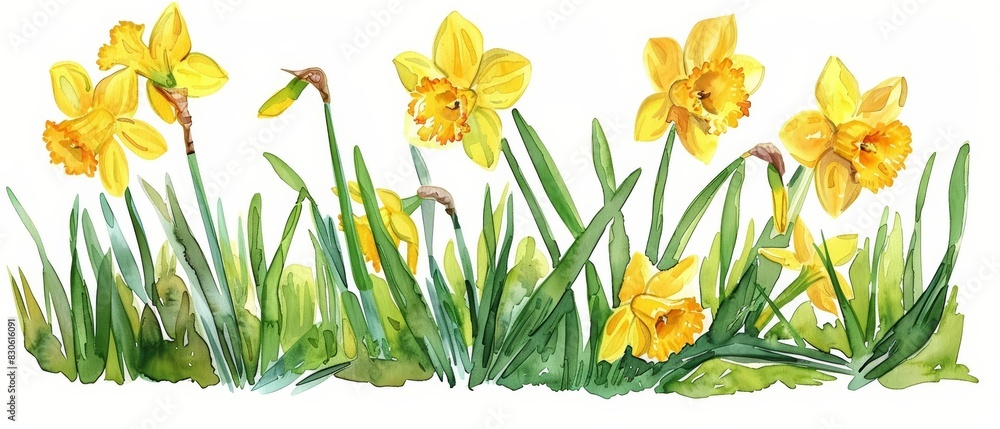 A water color of a daffodil, with bright yellow trumpets, blooming in early spring, in a secret woodland glade, near a babbling brook, Clipart isolated on white