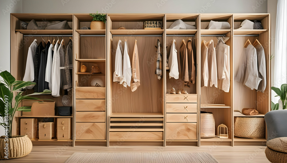 a modern wooden closet with clean lines and minimalist features, emphasizing functionality and aesthetic appeal a modern wooden closet with clean lines and minimalist features, emphasizing functionality and aesthetic appeal