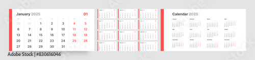 Monthly calendar template for 2025 year. Quarterly calendar in a minimalist style. Week Starts on Monday.  photo