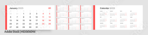 Monthly calendar template for 2025 year. Quarterly calendar in a minimalist style. Week Starts on Monday. 