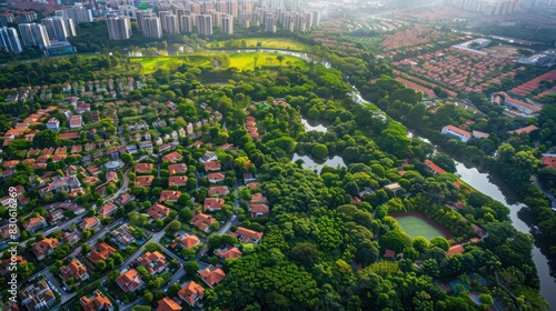 Green Spaces Amidst Urbanization: Illustrate pockets of green spaces like parks, forests, or nature reserves surrounded by urban sprawl, serving as oases of nature in an otherwise. © sambath